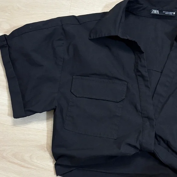 Zara Black Poplin Utility Safari Crop Top W/ Knot short sleeve size S - Picture 9 of 13